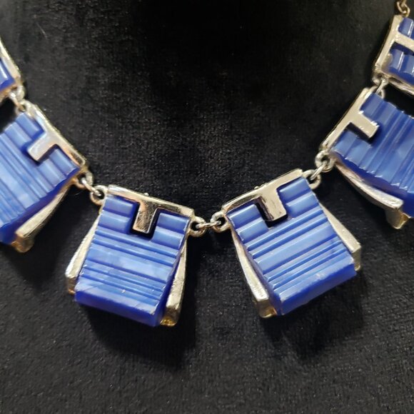 Women Fashion Gold & Blue Tone Geometric Shape Link Chain Choker Necklace - Picture 3 of 6